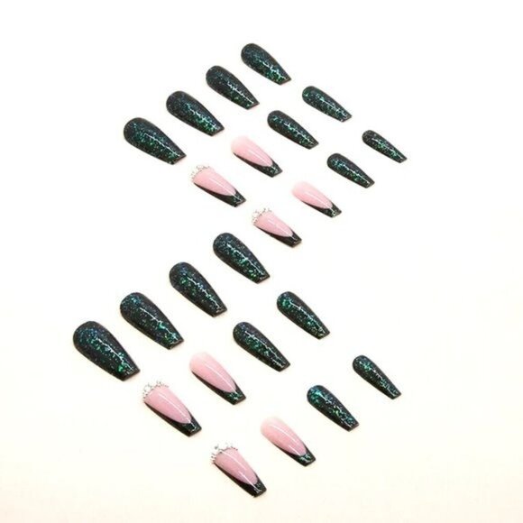 NWT 24Pcs Long Coffin Press-On Nails False Fake Rhinestone French Design Green - Picture 3 of 8